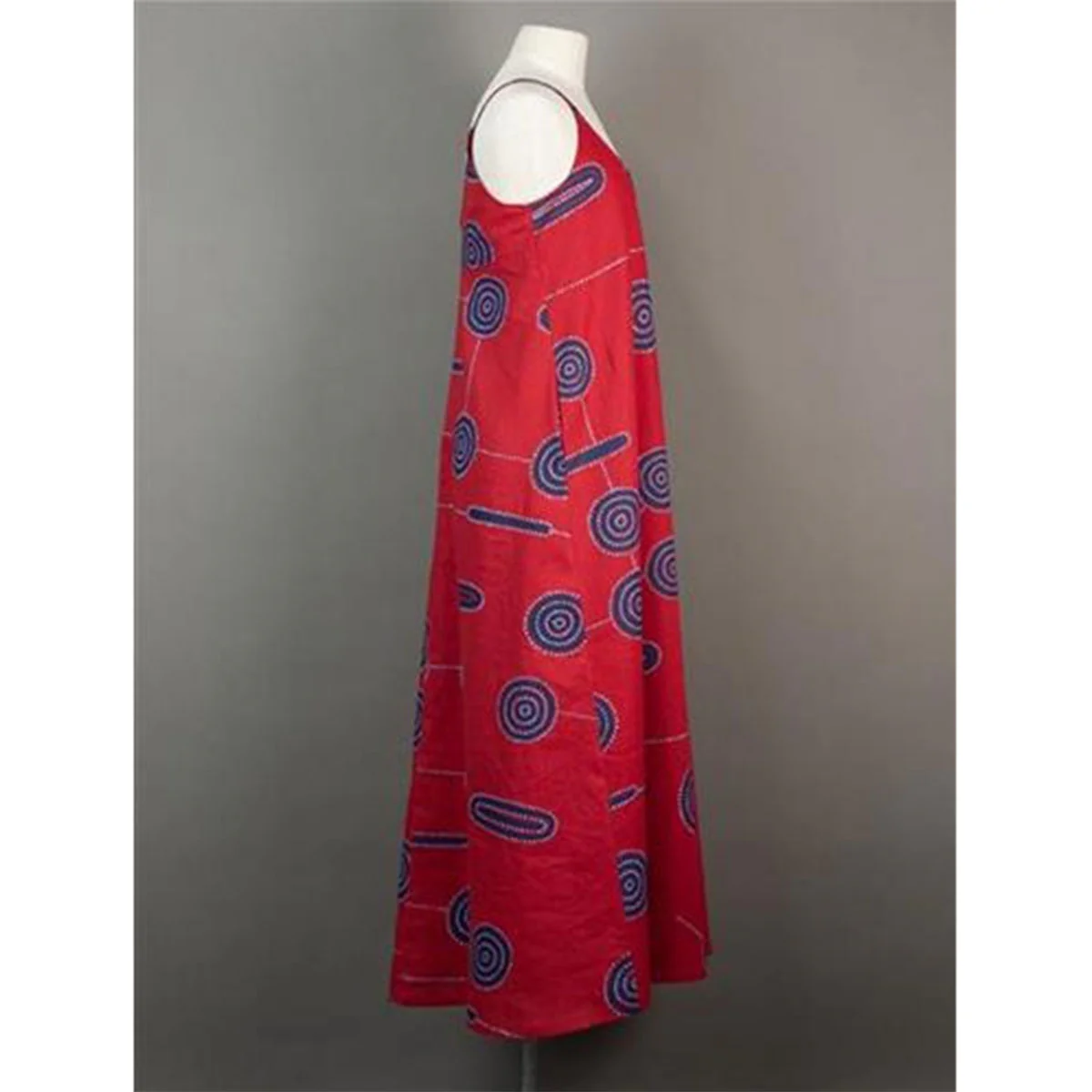Anita Dress Shield and Star Design Blue/White on Red Cotton/linen Blend - Ikuntji Artists - Image 2