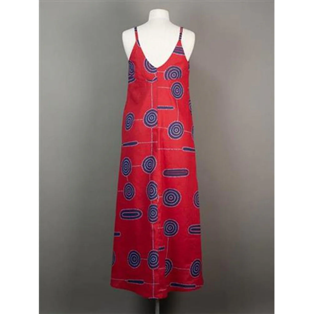 Anita Dress Shield and Star Design Blue/White on Red Cotton/linen Blend - Ikuntji Artists - Image 3
