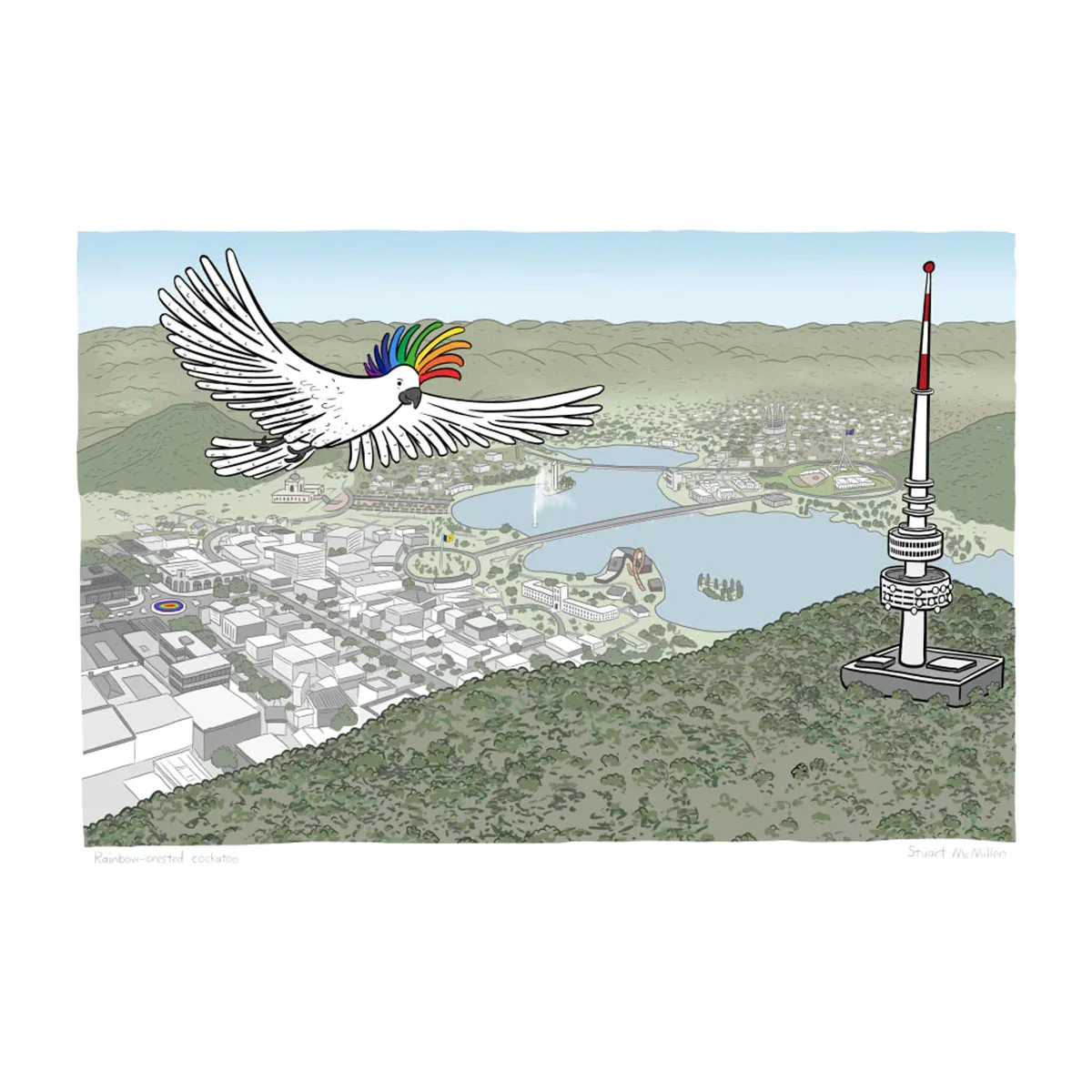 Art Print A3 Rainbow Crested Cockatoo above Black Mountain Tower - Stuart McMillen