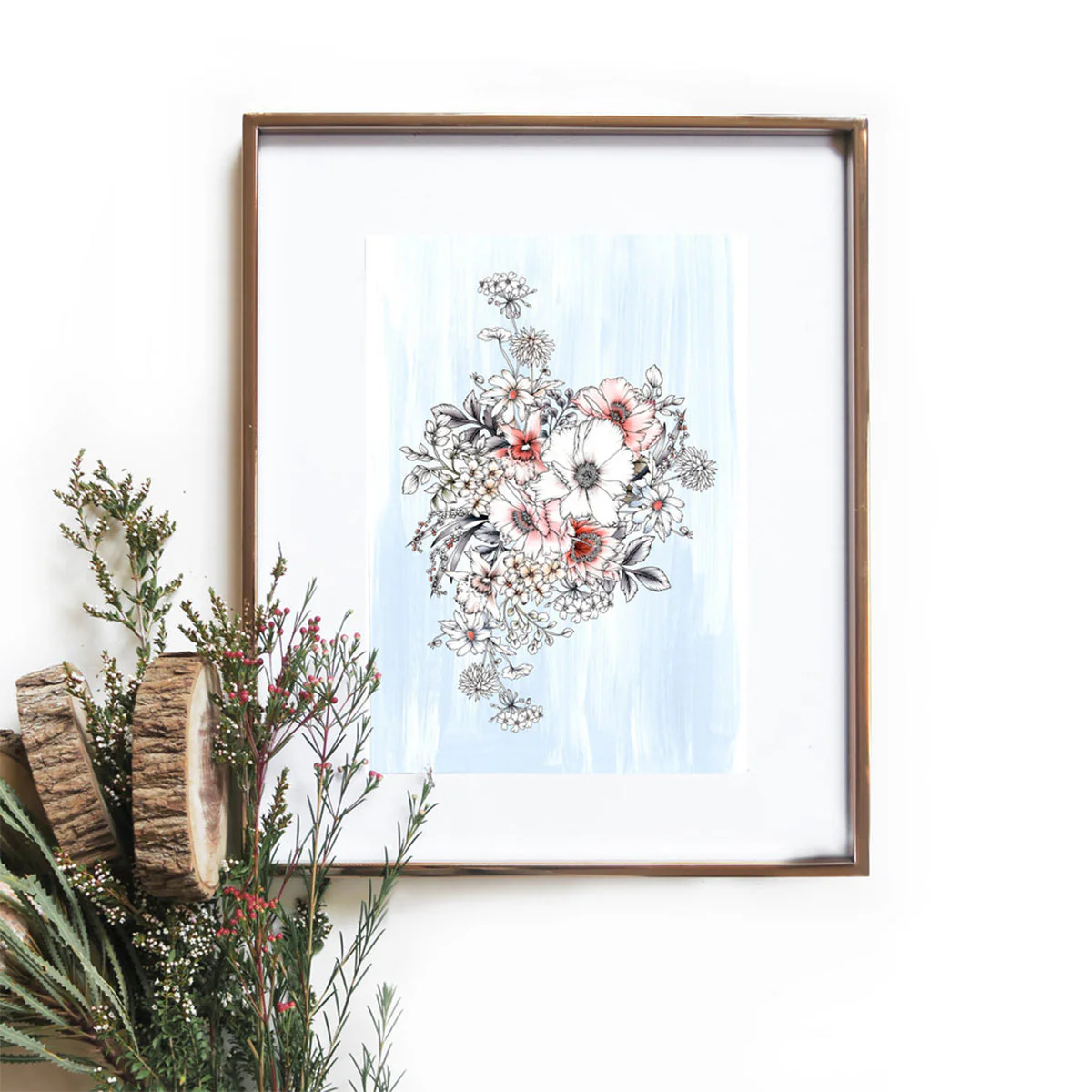 Art Print A4 Pale Blue Bouquet - Typoflora