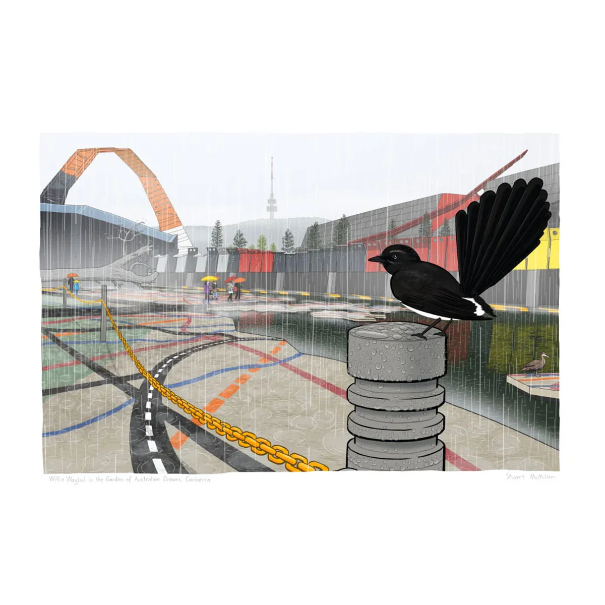 Art Print A4 Willie Wagtail in the Garden of Australian Dreams - Stuart McMillen