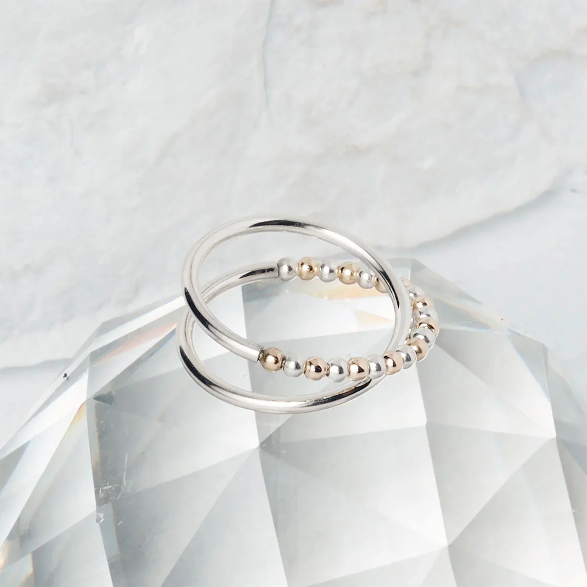 Crescent Ring Silver Band Beaded Bridge Gold Silver Medium - Amy Tamblyn