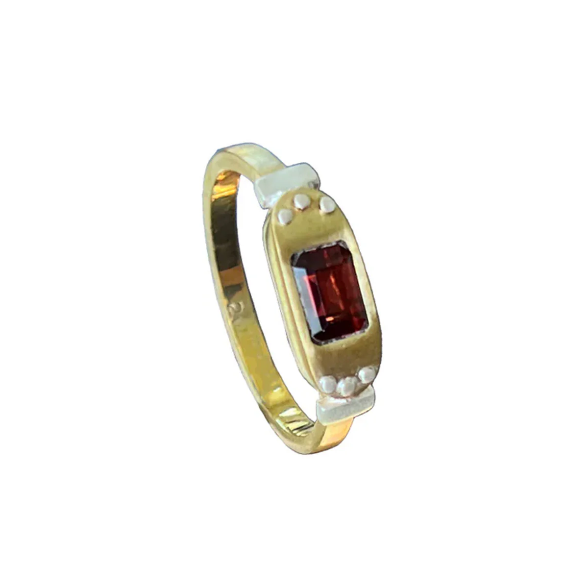 Ring Brass wide oval bezel rectangle red garnet - s7.5 - via Smith
